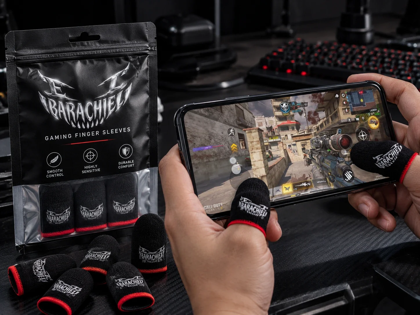 Barachiel gaming finger sleeves with packaging, worn while playing Call of Duty: Mobile